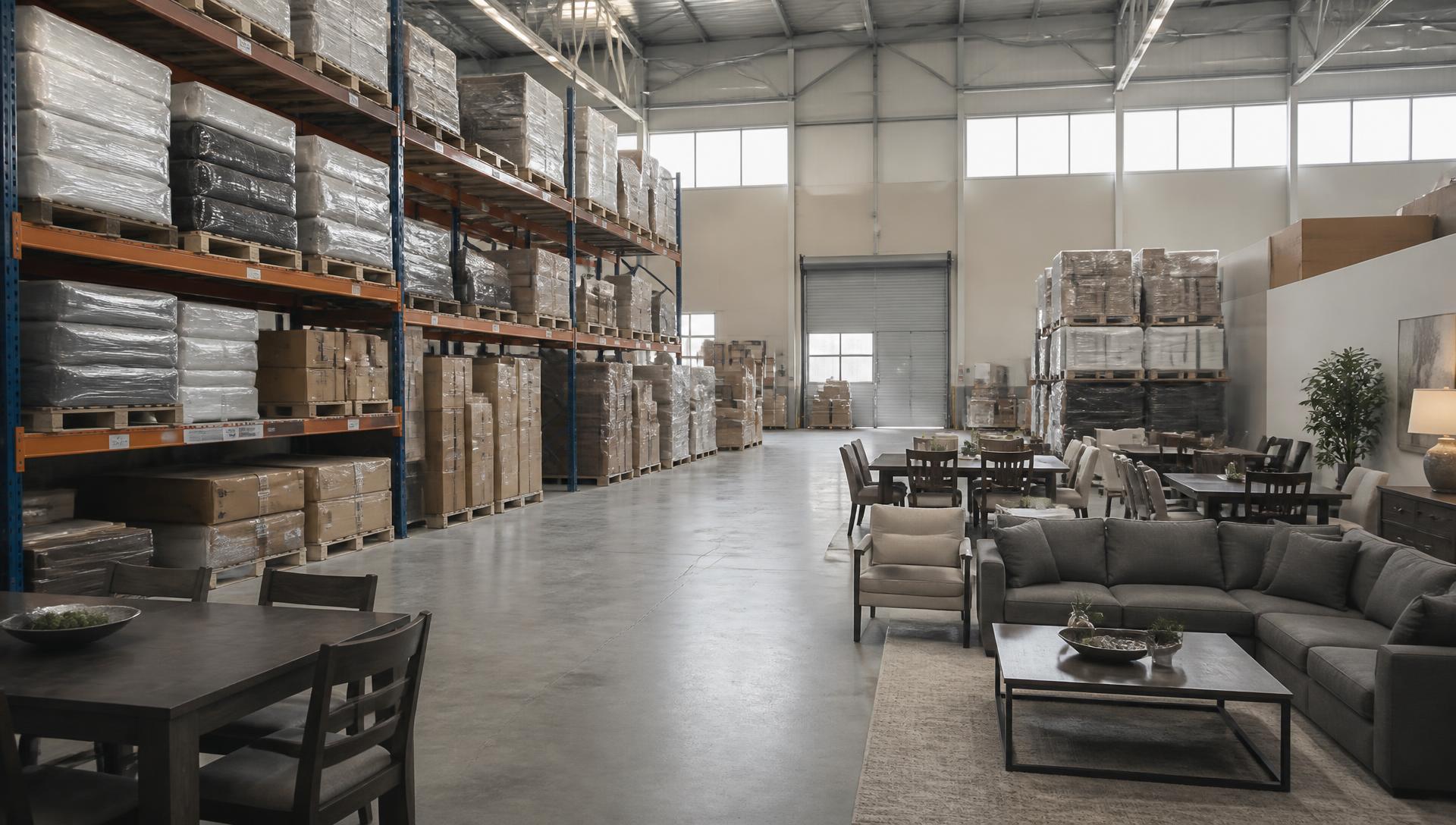 LVL8 Supply Inc distribution center with racked mattresses and staged furniture